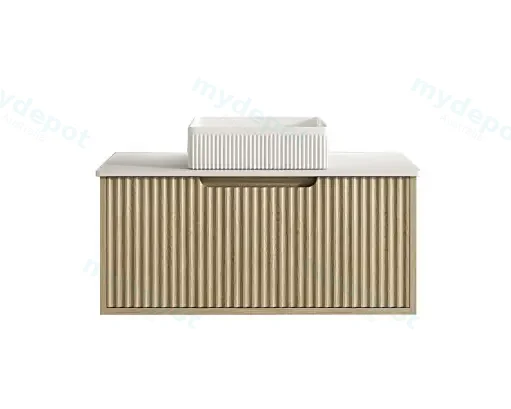 890x455x390 Natural Oak Premium Straight Edge Wall Hung vanity With White  Stone Top