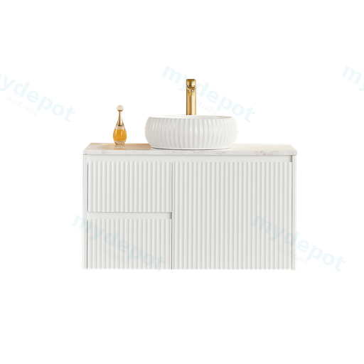 890x455x480mm Matte White Crete Modern Fluted Wall Hung Vanity PVC Cabinet,Left Hand Drawers