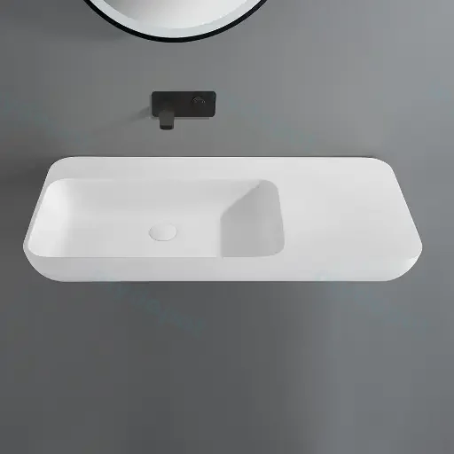 900*400*120mm Matt White Rocca Solid Surface Stone Wall Hung Basin With Semi Drill Tap Hole None Overflow 32mm Waste