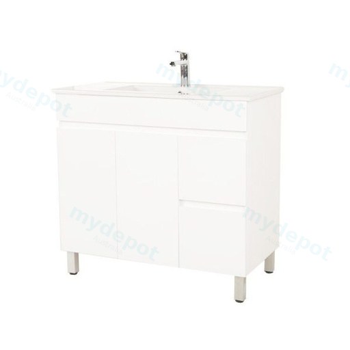 900*450*710mm Freestangding Gloss White PVC Vanity Right Drawer With Ceramic Top