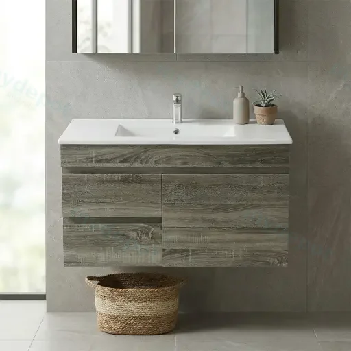 900mm Dark Grey MDF Wall Hung Bathroom Vanity Cabinet Only Right Drawer PVC Vacuum Filmed