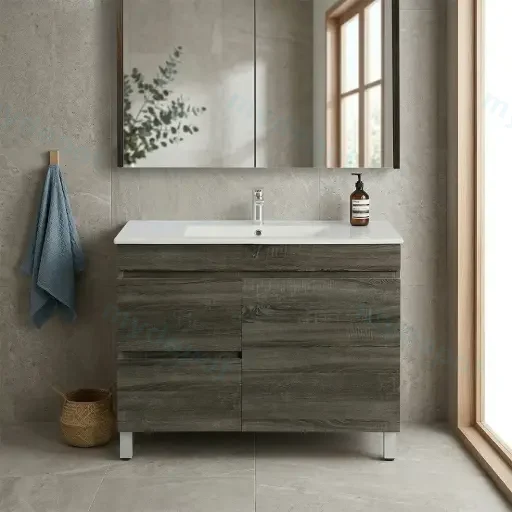900mm Dark Grey MDF Freestanding Bathroom Vanity Cabinet Only Right Drawer PVC Vacuum Filmed