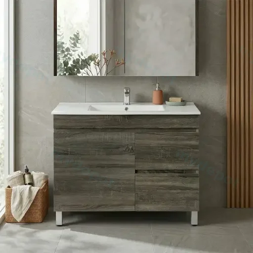 900mm Dark Grey MDF Freestanding Bathroom Vanity Cabinet Only Left Drawer PVC Vacuum Filmed