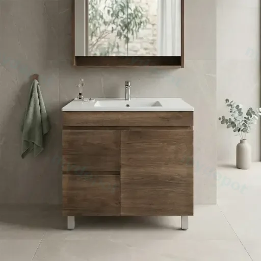 900mm Dark Oak MDF Freestanding Bathroom Vanity Cabinet Only Left Drawer PVC Vacuum Filmed
