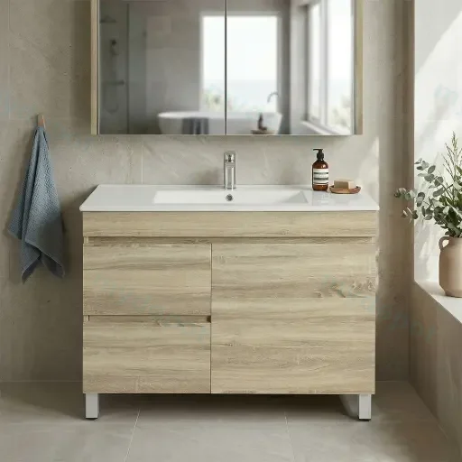 900mm White Oak MDF Freestanding Bathroom Vanity Cabinet Only Left Drawer PVC Vacuum Filmed