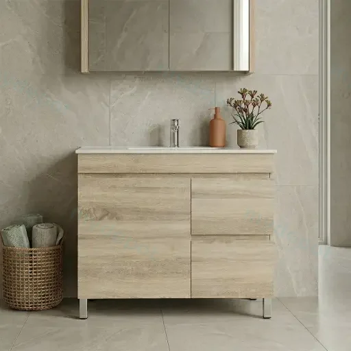 900mm White Oak MDF Freestanding Bathroom Vanity Cabinet Only Left Drawer PVC Vacuum Filmed