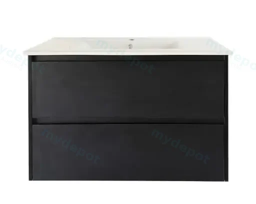 900x460x560mm Hera Black Oak Wall Hung MDF Vanity With Carrara White Stone Top Two Soft Closing Drawers