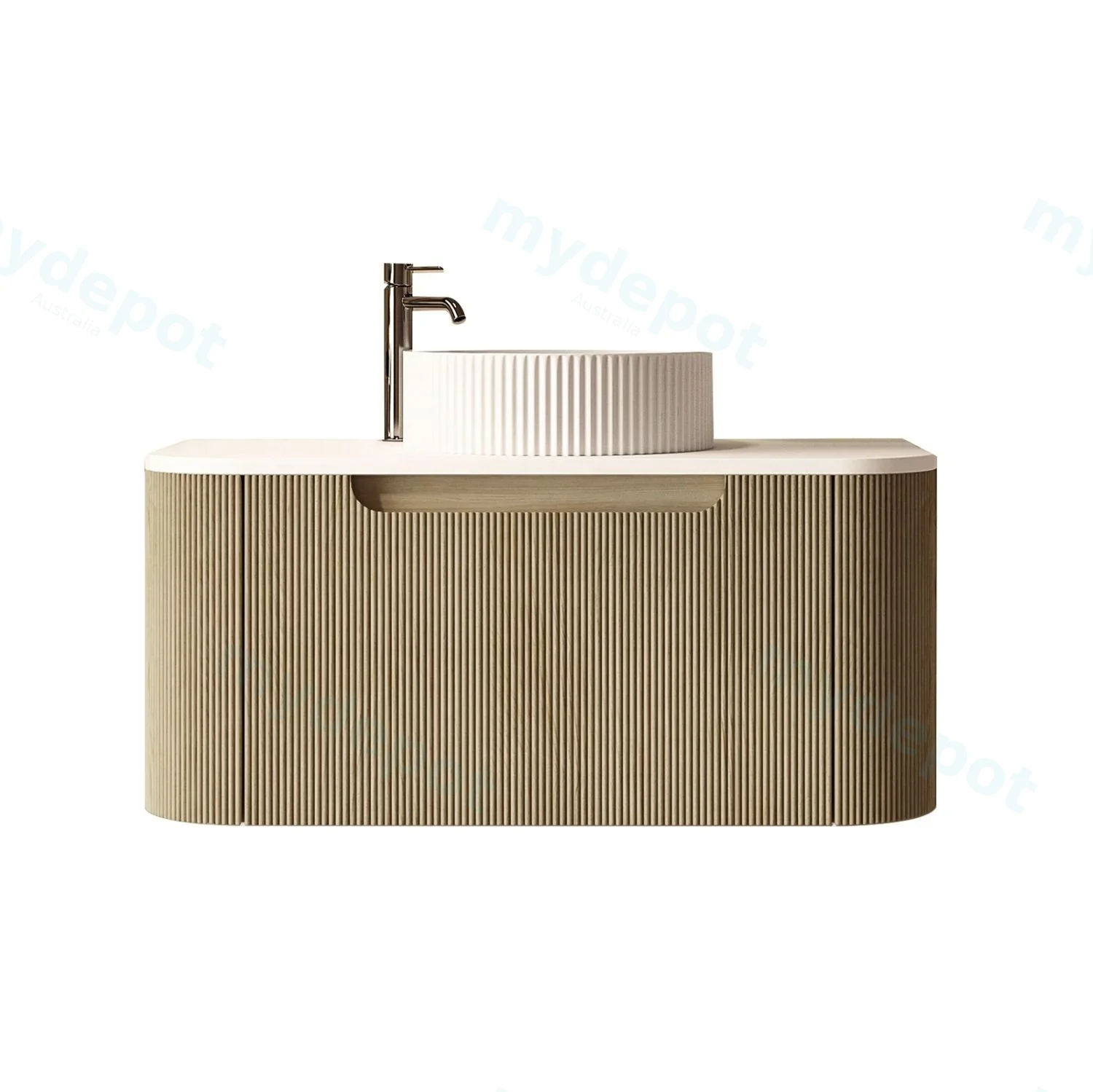 900x460x400mm Rome Bur Oak Round Edge Grooved Wall Hung MDF Vanity With White Quartz Stone Top One Soft Closing Drawer