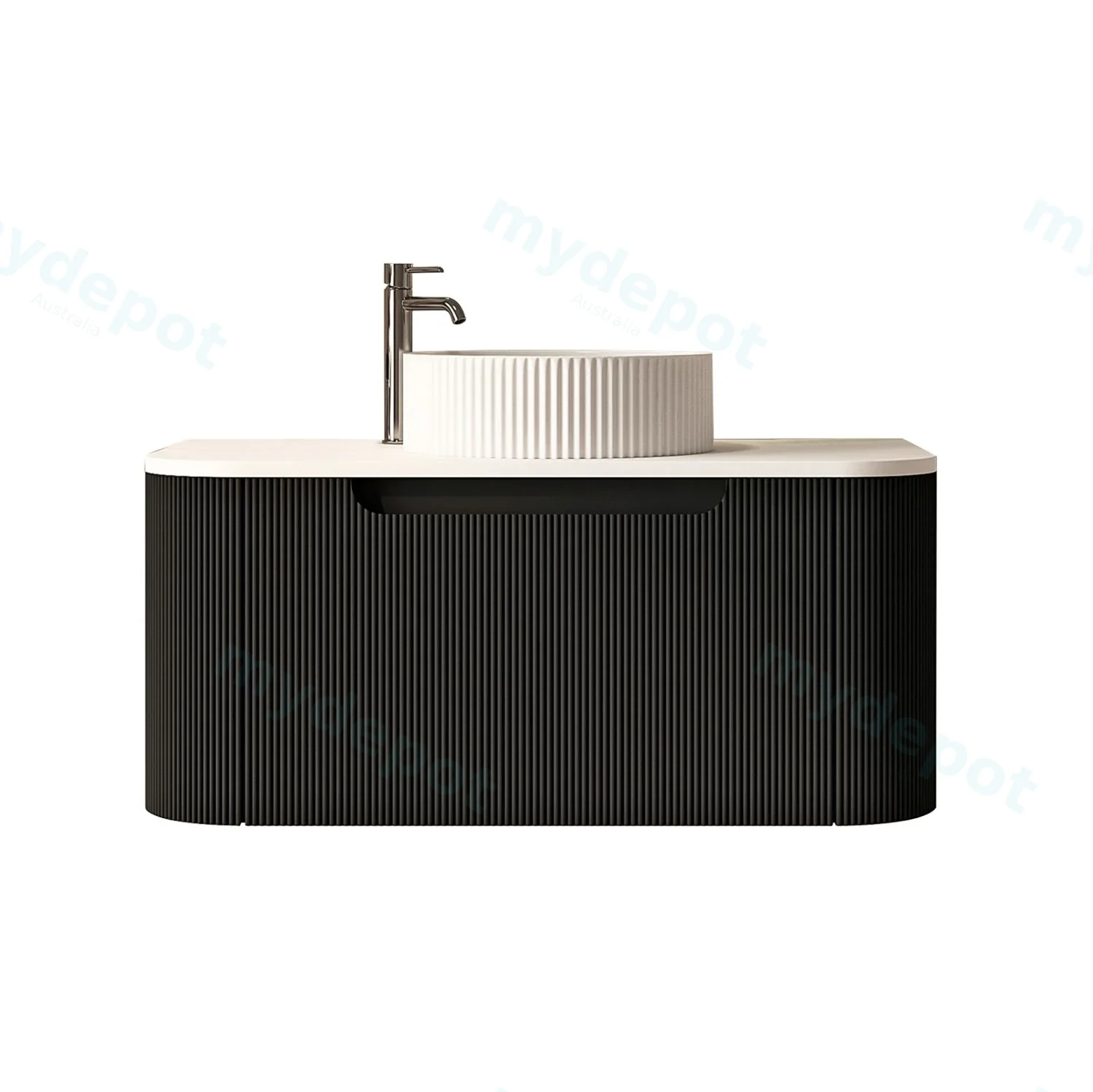 900x460x400mm Rome Matt Black Round Edge Grooved Wall Hung MDF Vanity With White Quartz Stone Top One Soft Closing Drawer