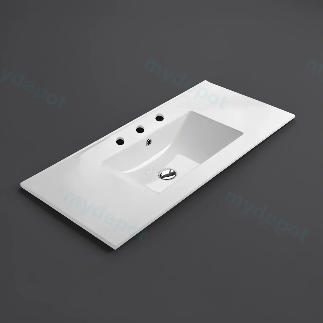 905*463*175mm Gloss White Crete Fine Ceramic Counter Top 3 Tap Hole Overflow,32mm Waste
