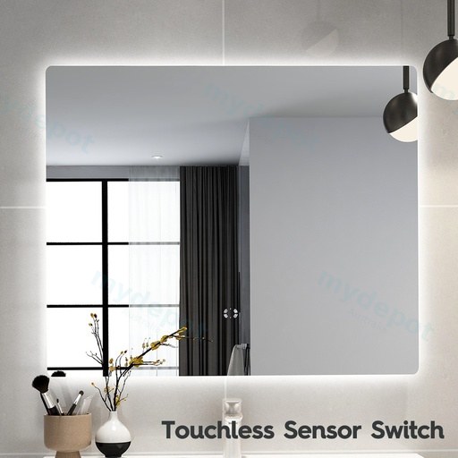 900×750mm Curved Rim Rectangle 3 Color Backlit LED Mirror With Touchless Sensor Switch