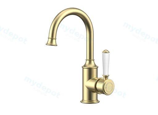 Clasico Gooseneck Basin Mixer Ceramic handle in Brushed Gold