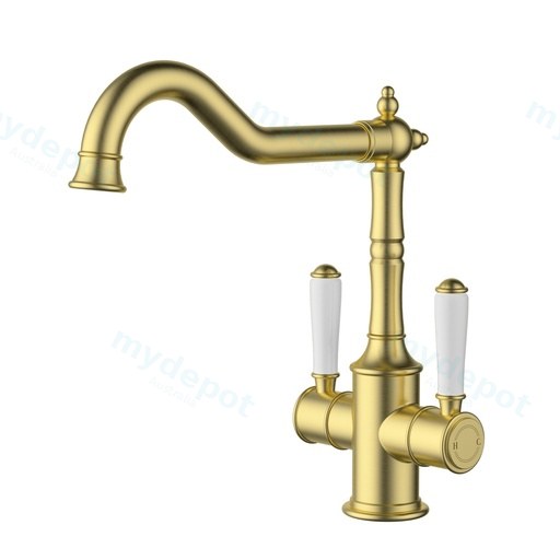 Clasico Twin Handle Sink Mixer Ceramic Handle Brushed Gold