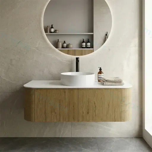 Kiama 1200mm Prime Oak Two Drawers Curved Wall Hung Vanity Cabinet Only