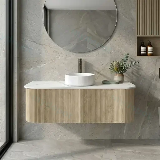 Kiama 1200mm White Oak Two Drawers Curved Wall Hung Vanity Cabinet Only