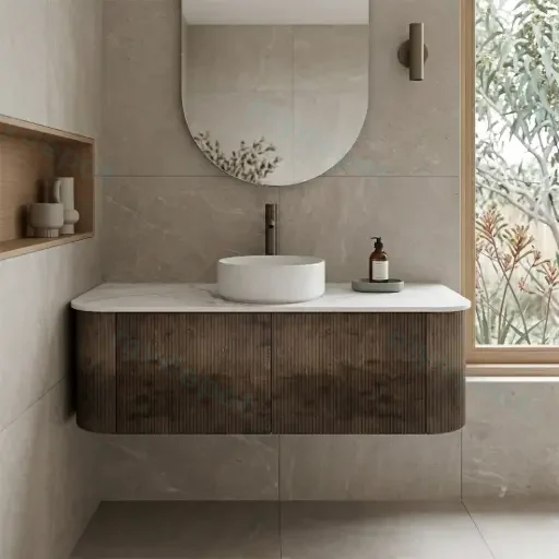 Kiama 1200mm Dark Oak Two Drawers Curved Wall Hung Vanity Cabinet Only