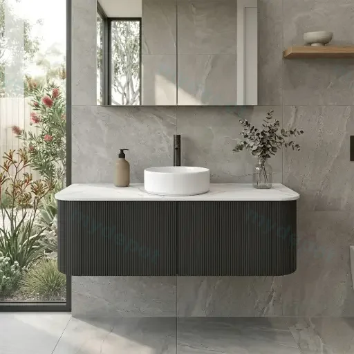 Kiama 1200mm Matte Black Two Drawers Curved Wall Hung Vanity Cabinet Only