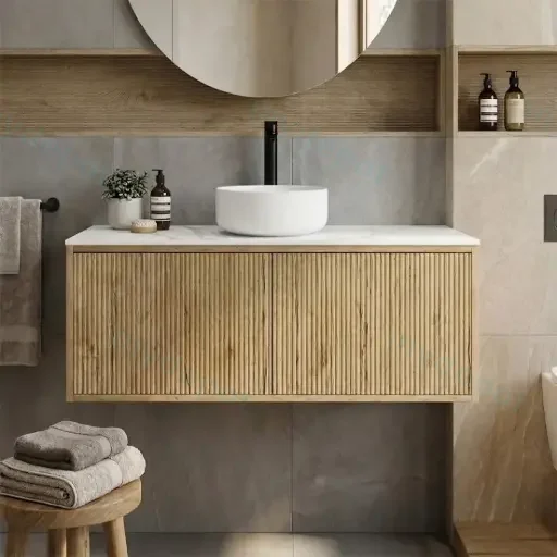 Kiama 1200mm Prime Oak One Right Drawer One Left Door Wall Hung Vanity Cabinet Only