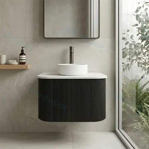 Kiama 600mm Bottega Oak One Door Curved Wall Hung Vanity Cabinet Only