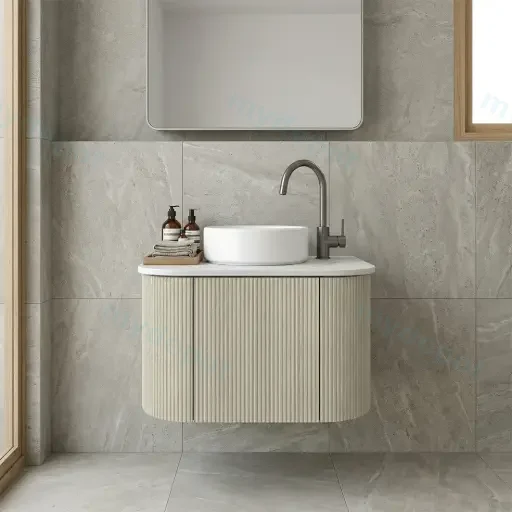 Kiama 600mm Coastal Oak One Door Curved Wall Hung Vanity Cabinet Only