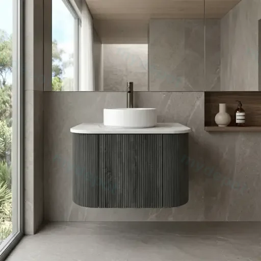 Kiama 600mm Dark Grey One Door Curved Wall Hung Vanity Cabinet Only