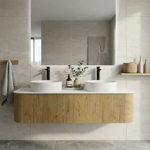 1500mm Kiama Prime Oak Two Drawers Curved Wall Hung Vanity Cabinet Only