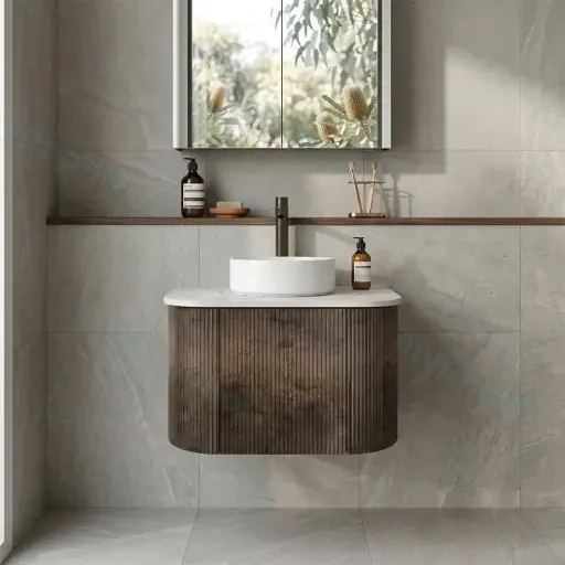 Kiama 600mm Dark Oak One Door Curved Wall Hung Vanity Cabinet Only