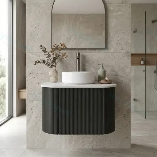 Kiama 600mm Matte Black One Door Curved Wall Hung Vanity Cabinet Only