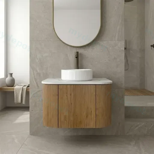 Kiama 600mm Prime Oak One Door Curved Wall Hung Vanity Cabinet Only