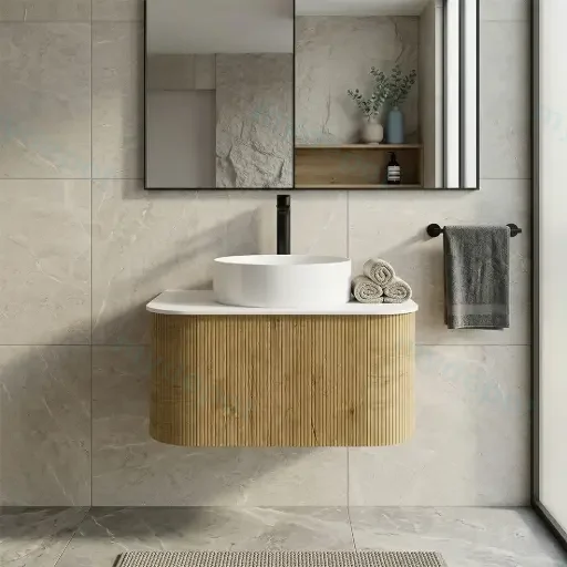 Kiama 750mm Prime Oak One Drawer Curved Wall Hung Vanity Cabinet Only