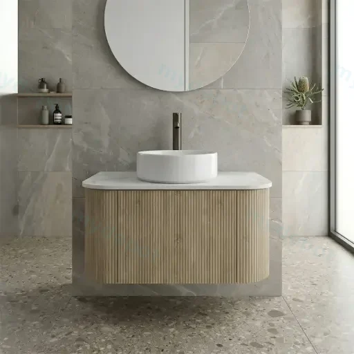 Kiama 750mm White Oak One Drawer Curved Wall Hung Vanity Cabinet Only
