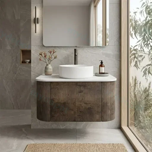 Kiama 750mm Dark Oak One Drawer Curved Wall Hung Vanity Cabinet Only