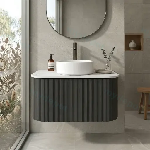 Kiama 750mm Matte Black One Drawer Curved Wall Hung Vanity Cabinet Only