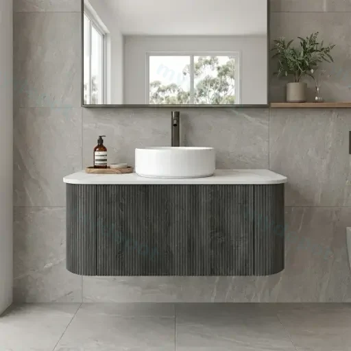 Kiama 900mm Dark Grey One Drawer Curved Wall Hung Vanity Cabinet Only