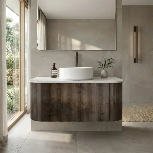 Kiama 900mm Dark Oak One Drawer Curved Wall Hung Vanity Cabinet Only