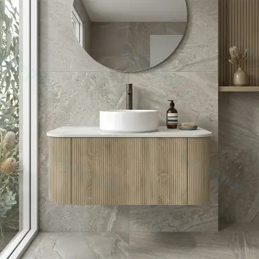 Kiama 900mm White Oak One Drawer Curved Wall Hung Vanity Cabinet Only