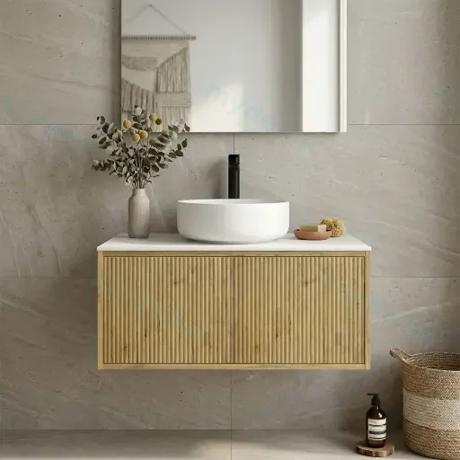 Kiama 900mm Prime Oak One Right Drawer One Left Door Wall Hung Vanity Cabinet Only