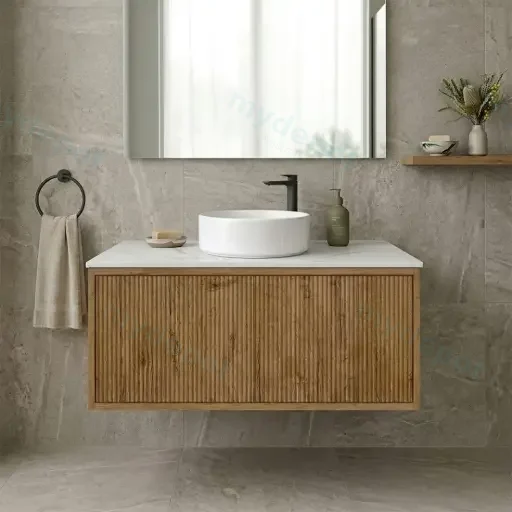 Kiama Slim 900mm Prime Oak One Right Drawer One Left Door Narrow Wall Hung Vanity Cabinet Only
