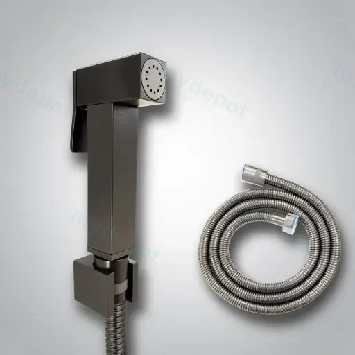 Square Gun Metal Grey Brass Toilet Bidet Spray Kit With Stainless Steel Hose