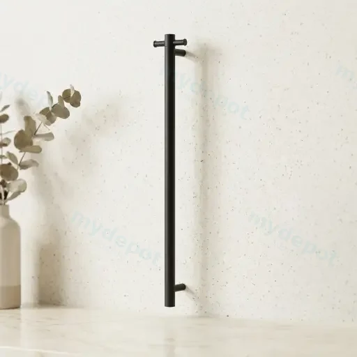 Round Vertical Matte Black Electric Heated Towel Rack Single Bar