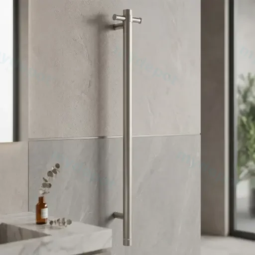Round Vertical Brushed Nickel Electric Heated Towel Rack Single Bar(With Timer)
