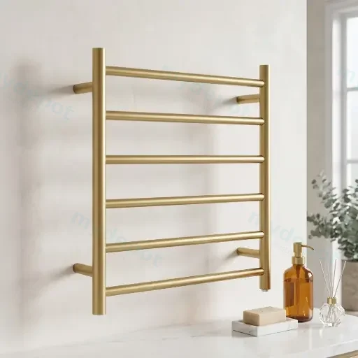 Round Brushed Brass Electric Heated Towel Rack 6 Bars