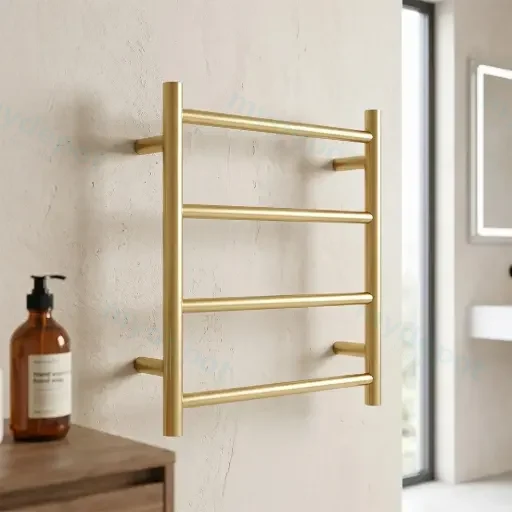 Round Light Brushed Brass Electric Heated Towel Rack 4 Bars