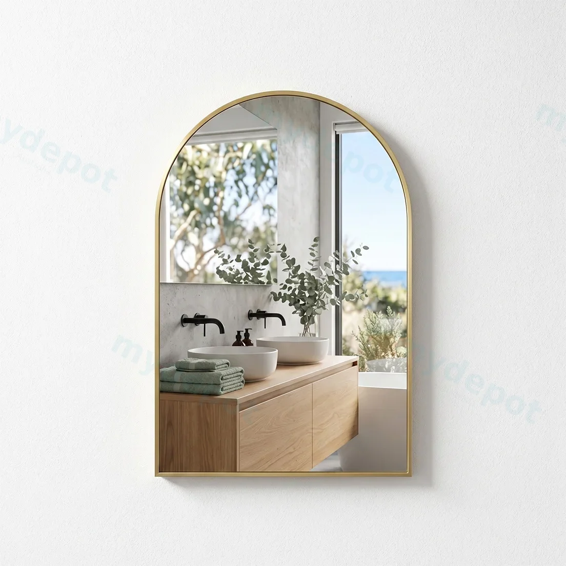 600*900*21.5mm Arch Brushed Gold Framed Mirror(Brushed Gold Aluminium Frame)
