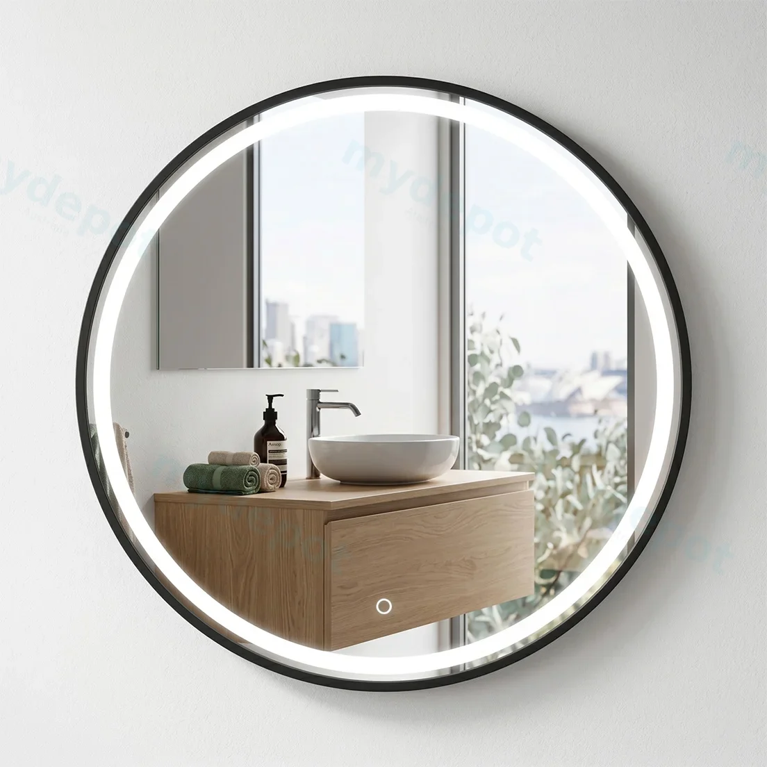 750*38mm Round Matte Black LED Lighting Dressing Mirror 3 Lighting Options controlled With Touch Sensor Switch Frontlit