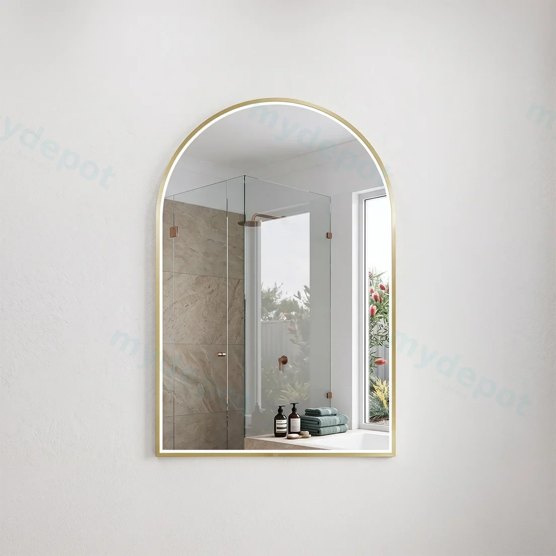600*900mm Arch Brushed Gold Framed LED Mirror 3 Color Lighting  With Touch Sensor Switch