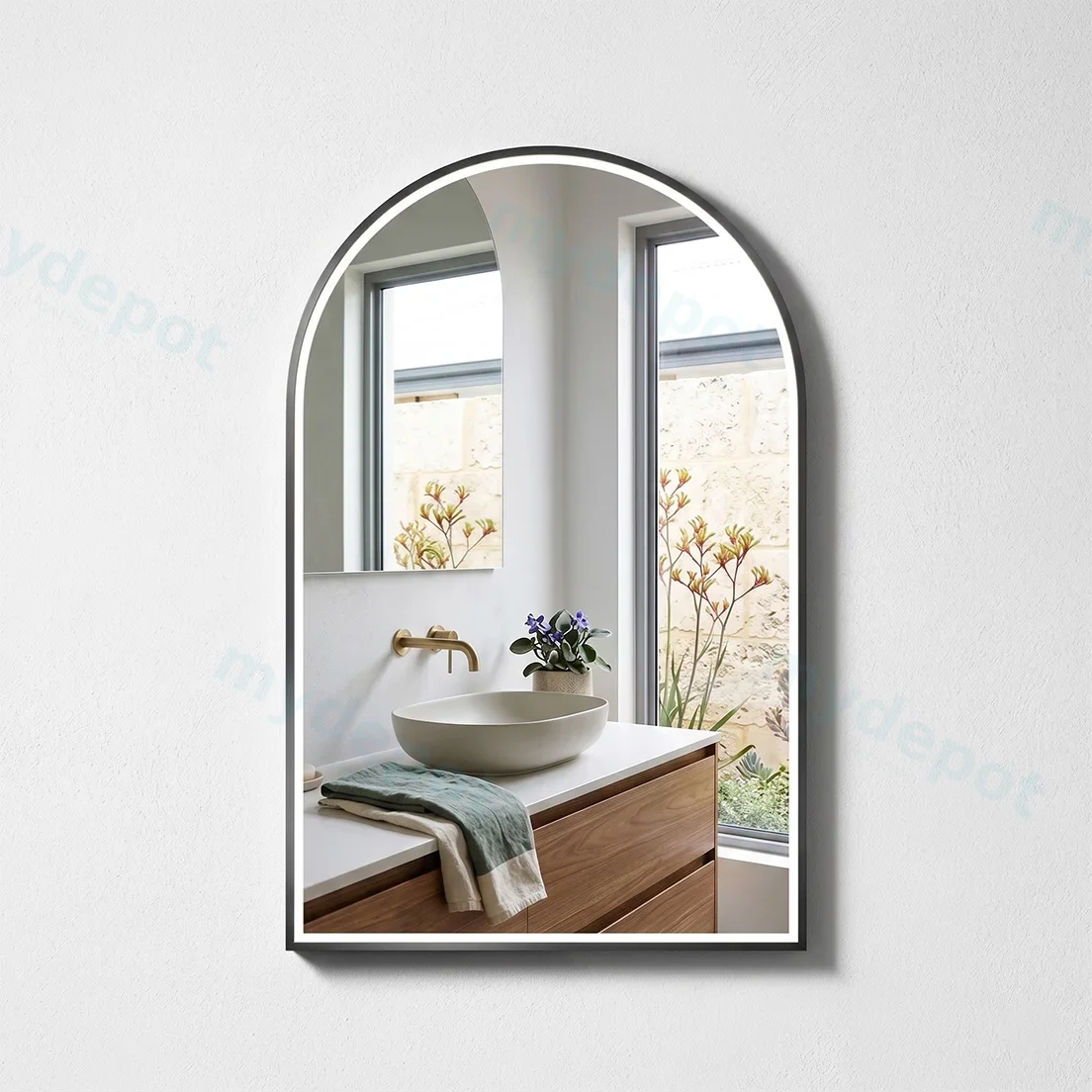 600*900mm Arch Gunmetal Framed LED Mirror 3 Color Lighting  With Touch Sensor Switch