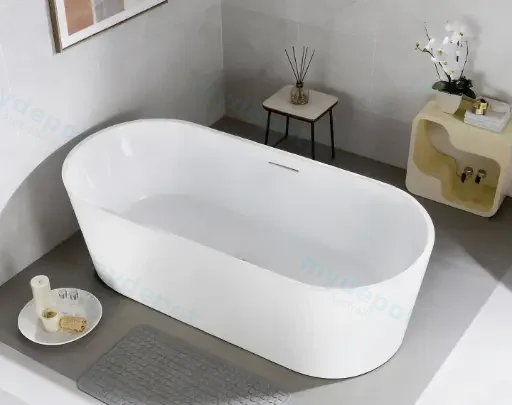 1800x790x580mm Gloss white Agena Acrylic Free-Standing Bathtub With Overflow Chrome Waste And Pipe Included