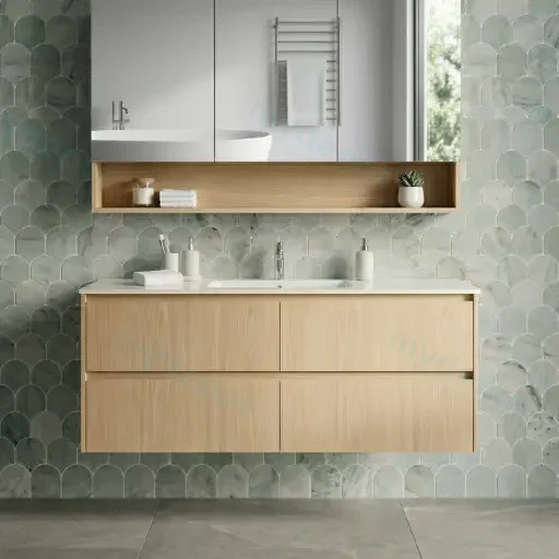 1190*455*520mm Sandy Oak Wood Matt Gladstone Modern Wall Hung Plywood Cabinet For Single Bowl