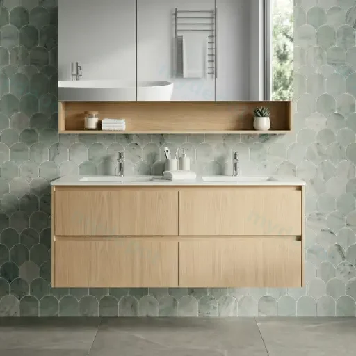 1190*455*520mm Sandy Oak Wood Matt Gladstone Modern Wall Hung Plywood Cabinet For Double Bowl
